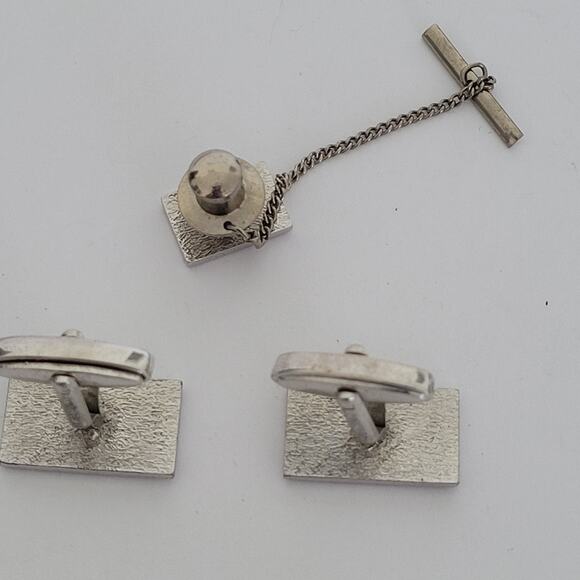 Louis Feraud LF Tie Pin Clip Cufflinks Set Silver Black Tone Designer Rectangle - Picture 3 of 8